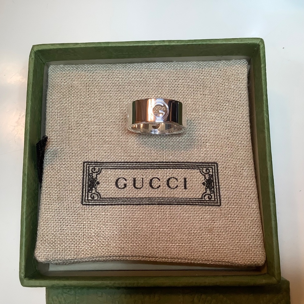 GUCCI Sterling Silver Cut Out Wide Band G Logo Ring SZ 8 - Picture 9 of 11